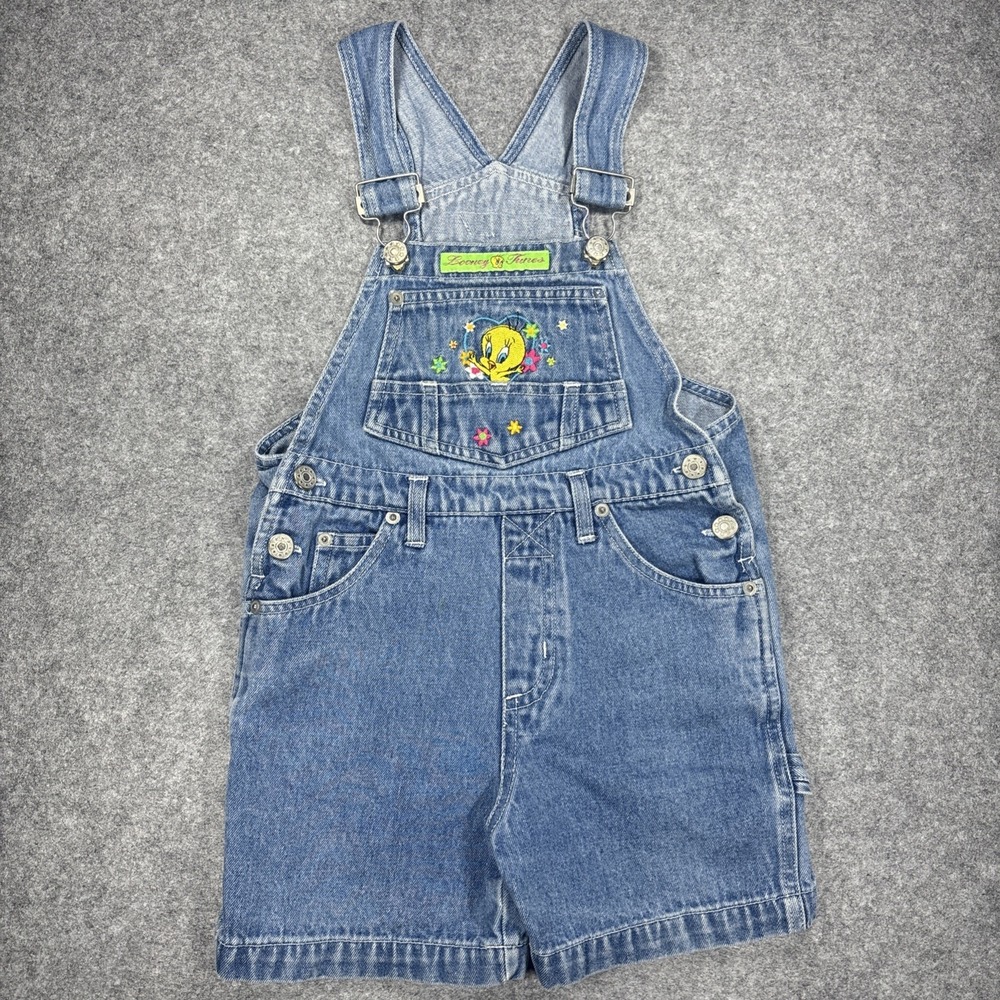 Vintage Looney Tunes Overalls Kids 5 Shortalls 90s Tweety Flowers 🌺 Denim
